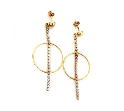 Złote kolczyki 585 wiszące ringi z cyrkoniową pałeczką