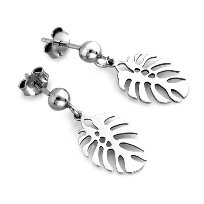 Srebrne kolczyki 925 wiszące z liściem monstera