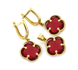 Złoty komplet biżuterii 585 kwiatuszki z rubinem 5,70g