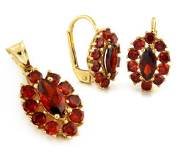 Złoty komplet biżuterii 585 kwiatuszki czerwone cyrkonie 5,25g