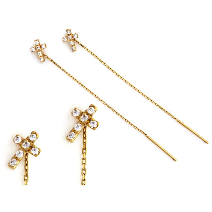 Złote kolczyki 585 przeciągane z krzyżykiem