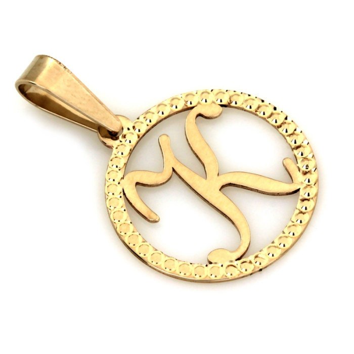 Elegancka złota zawieszka 585 z literką K umieszczoną w okręgu 14kt