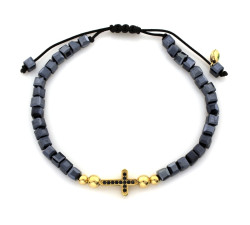 bransoletka na sznurku z cyrkoniami 585 i hematytami krzyż