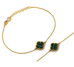 Złota bransoletka łańcuszkowa kwiatek z malachitem