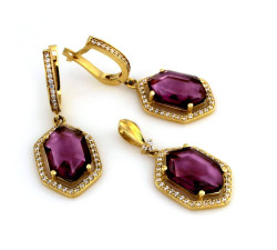 Złoty zestaw biżuterii 585 zawieszka i wiszące kolczyki z fioletową cyrkonią