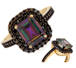 Złoty pierścionek 585 z mistycznym topazem i czarnymi cyrkoniami