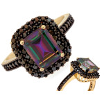 Złoty pierścionek 585 z mistycznym topazem i czarnymi cyrkoniami