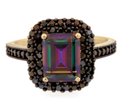 Złoty pierścionek 585 z topazem i czarnymi cyrkoniami