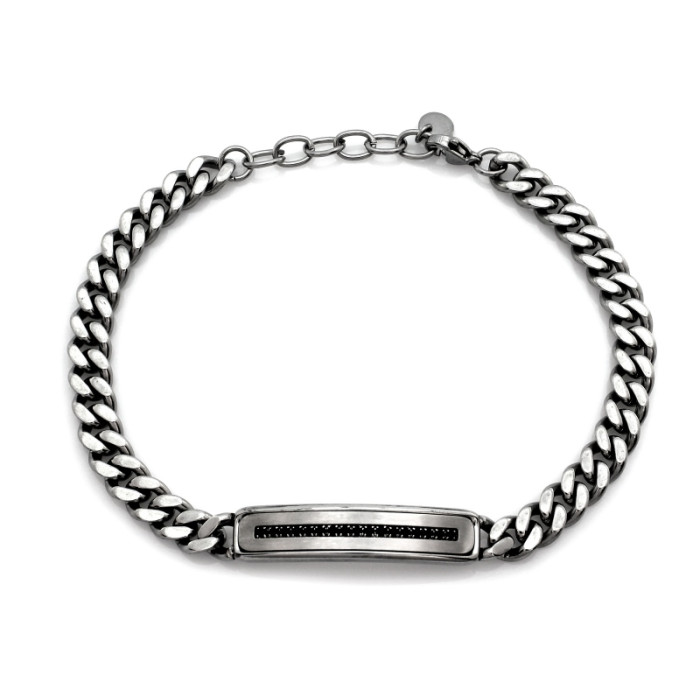 Męska bransoletka gruba pancerka z blaszką i czarnymi cyrkoniami stylowa i elegancka