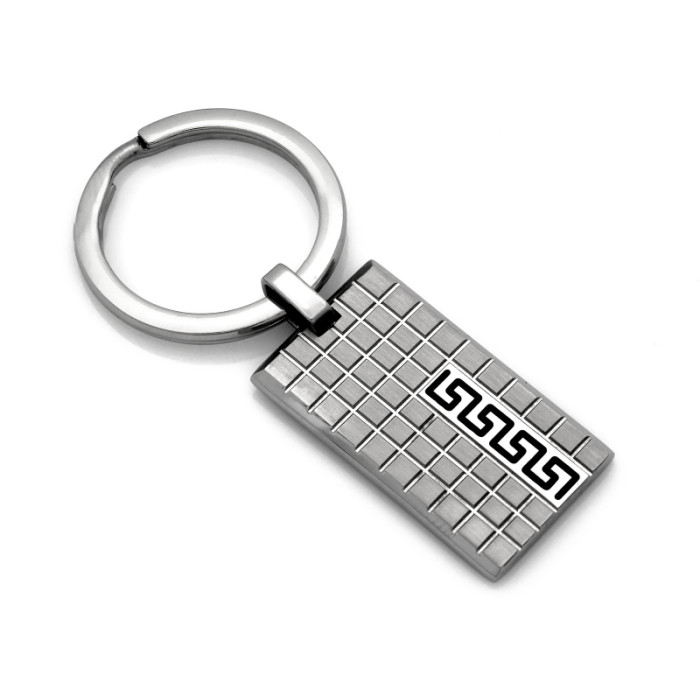 Stylowy brelok ze stali z dekoracyjną blaszką w greckim wzorze do grawerunku