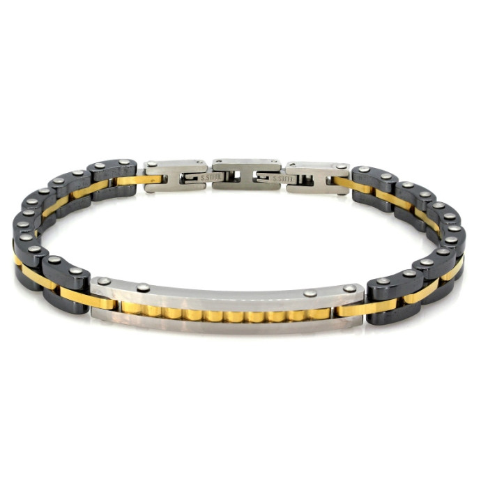 Nowoczesna bransoletka męska oksydowana ze stali nierdzewnej ze złotymi zdobieniami