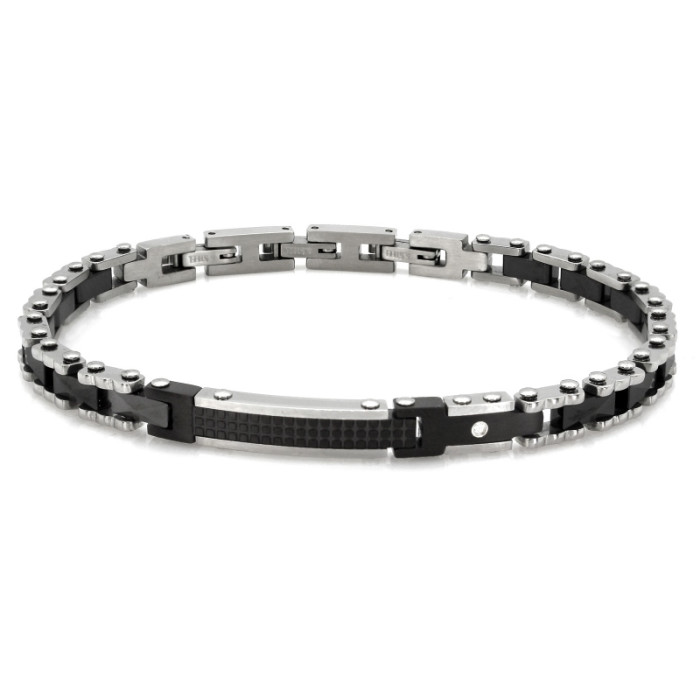 Stylowa bransoleta ze stali męska z czarnymi elementami i unikalnym wzorem