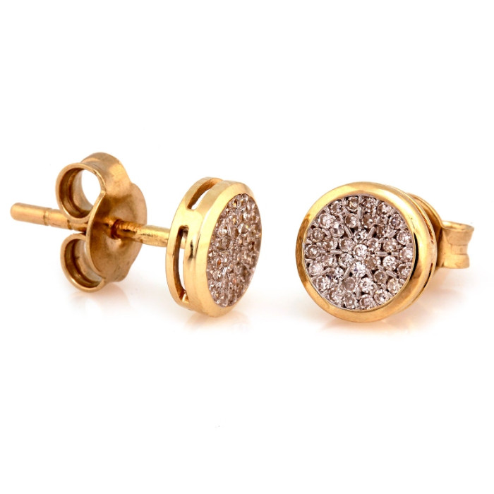 Złote okrągłe kolczyki 585 na sztyfcie z diamentami wkrętki wysadzane brylantami
