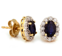 Kolczyki złote 585 markiza z szafirem i diamentową ramką na sztyfcie