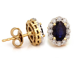 Kolczyki złote 585 markiza z szafirem i diamentową ramką na sztyfcie