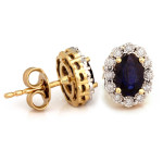 Kolczyki złote 585 markiza z szafirem i diamentową ramką na sztyfcie