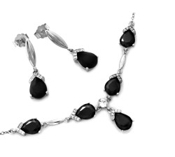 Srebrny komplet damski 925 kolczyki z naszyjnikiem cyrkonie czarne onyksy