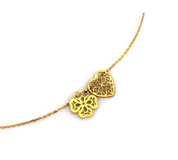 Srebrna celebrytka 925 pozłacana z dwoma ażurowymi zawieszkami sercem i koniczyną