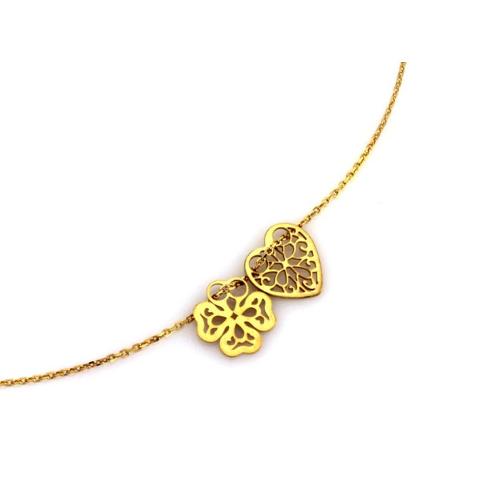 Srebrna celebrytka 925 pozłacana z dwoma ażurowymi zawieszkami sercem i koniczyną