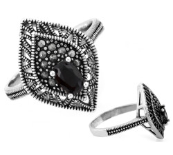 Srebrny pierścionek duży oksydowany z markazytami s