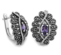 Srebrne kolczyki z kamieniami 925 markazyty z fioletową cyrkonią