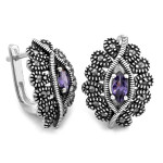 Srebrne kolczyki z kamieniami 925 markazyty z fioletową cyrkonią