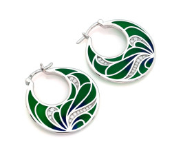 Kolczyki srebrne wiszące 925 modne koła z zielonym zdobieniem