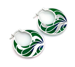 Kolczyki srebrne wiszące 925 modne koła z zielonym zdobieniem