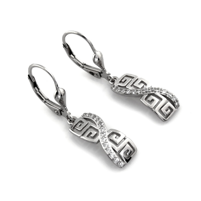 Wiszące srebrne kolczyki 925 grecki wzór z cyrkoniami