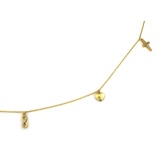 Srebrny pozłacany naszyjnik próby 925 z modnym symbolem nieskończoności krzyżykiem i sercem