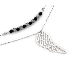 Naszyjnik damski srebrny 925 podwójny łańcuszek ze skrzydłem i cyrkoniami