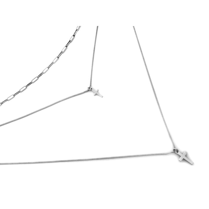 Naszyjnik elegancki ekskluzywny delikatny 925 srebrny trzy delikatne łańcuszki z wiszącymi krzyżykami