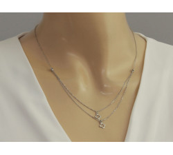 Srebrny 925 elegancki naszyjnik podwójny łańcuszek z lśniącymi kwiatkami