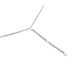 Łańcuszek 925 srebrny luksusowy kobiecy z białymi cyrkoniami i perłami