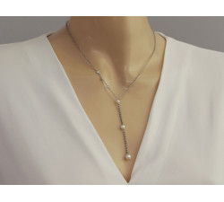 Łańcuszek 925 srebrny luksusowy kobiecy z białymi cyrkoniami i perłami