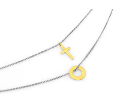 Srebrny łańcuszek 925 podwójny modny z pozłacanym krzyżykiem i ringiem na prezent