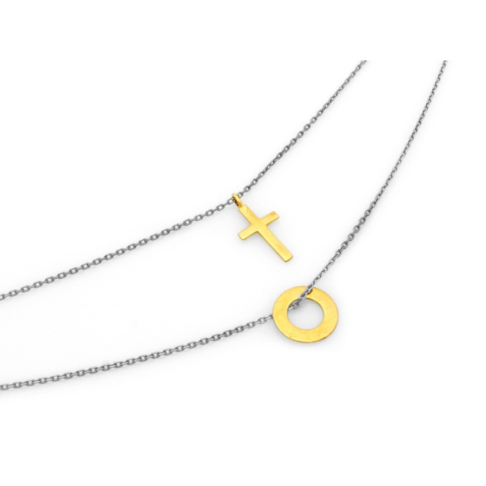 Srebrny łańcuszek 925 podwójny modny z pozłacanym krzyżykiem i ringiem na prezent