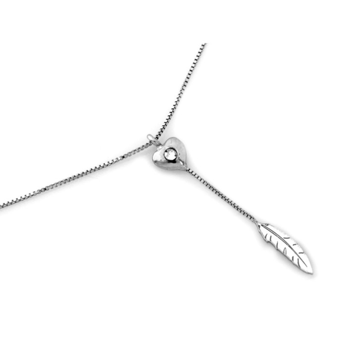 Srebrny naszyjnik 925 oryginalny wisiorek z sercem zdobionym cyrkonią i piórem