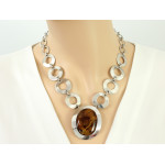 Naszyjnik srebrny 925 z brązowym dużym kamieniem o okazałym wzorze