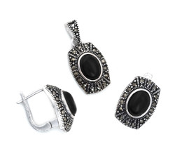 Kolczyki i zawieszka srebrne 925 z markazytami i czarnym kamieniem wyjątkowy komplet