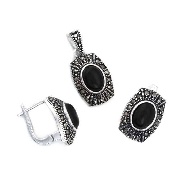 Kolczyki i zawieszka srebrne 925 z markazytami i czarnym kamieniem wyjątkowy komplet