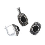 Kolczyki i zawieszka srebrne 925 z markazytami i czarnym kamieniem wyjątkowy komplet