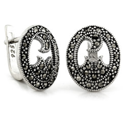 Kolczyki srebrne 925 owalne na zapięcie angielskie oksydowane z markazytami