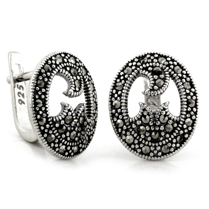 Kolczyki srebrne 925 owalne na zapięcie angielskie oksydowane z markazytami