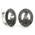 Kolczyki srebrne 925 owalne na zapięcie angielskie oksydowane z markazytami