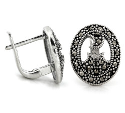 Kolczyki srebrne 925 owalne na zapięcie angielskie oksydowane z markazytami