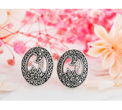 Kolczyki srebrne 925 owalne na zapięcie angielskie oksydowane z markazytami