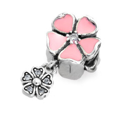 Srebrny charms różowy emaliowany kwiatek beads