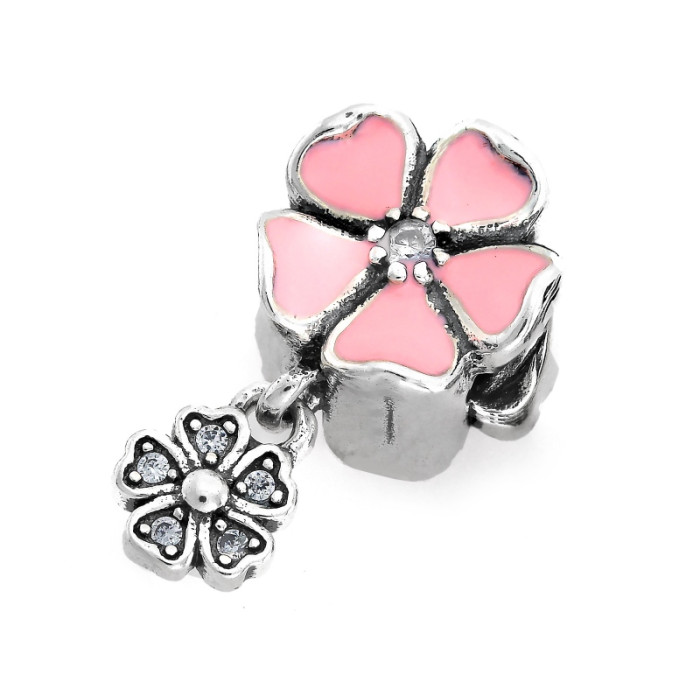 Srebrny charms różowy emaliowany kwiatek beads
