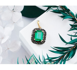 Przywieszka złota 14KT prostokątna markiza zielony szmaragd czarne cyrkonie